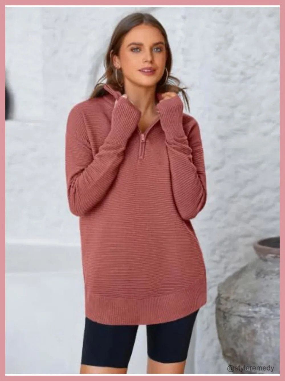 Women's Long Sleeve Quarter Zip Pullover Sweater Casual V Neck Knit Top Thumb